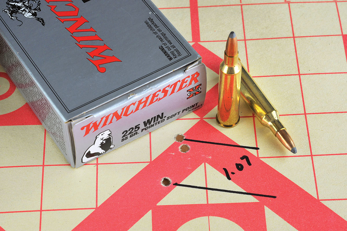 While discontinued many years back, Winchester’s factory ammunition can still hold its own with this one minute of angle group at 100 years. It can still be found online or at gun shows.